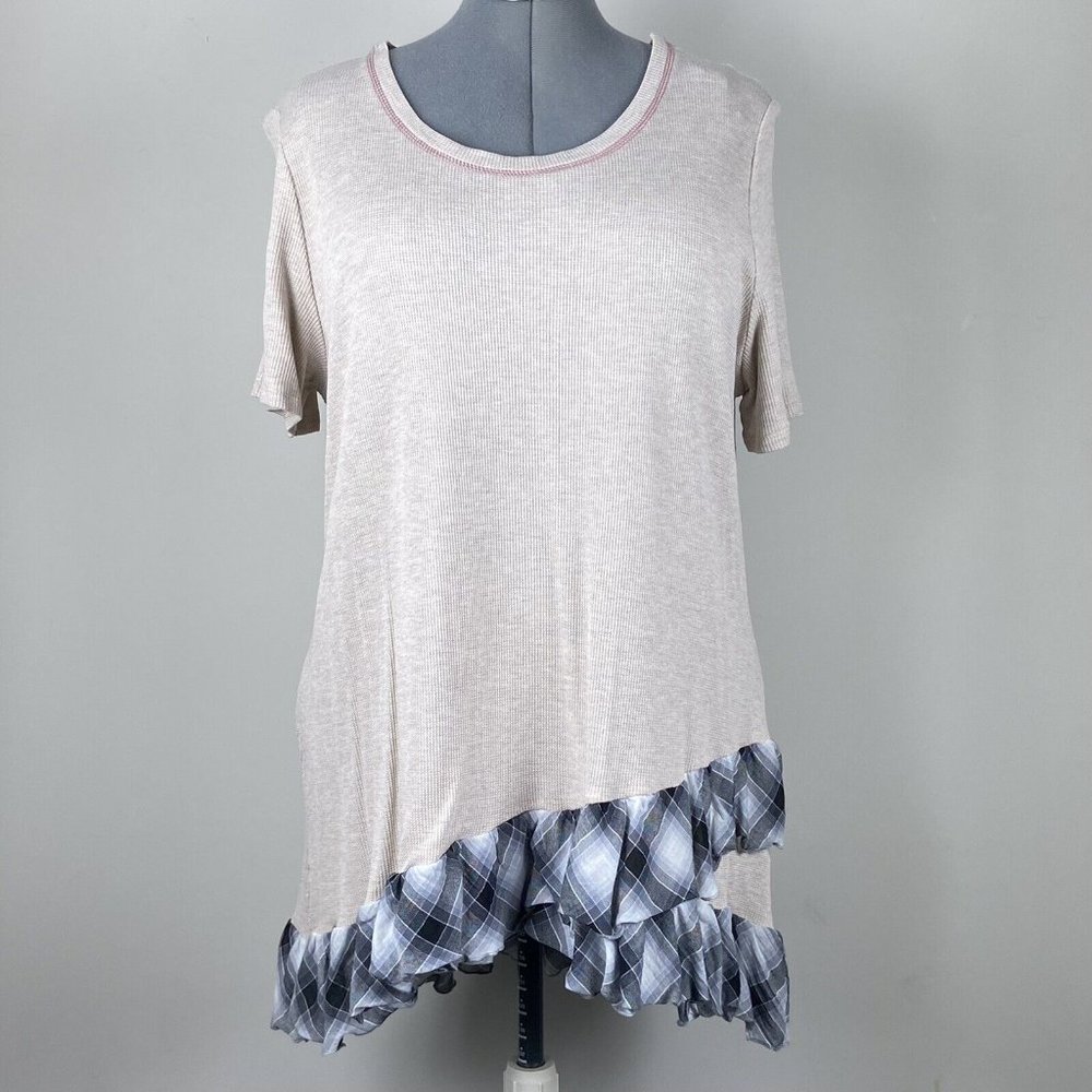 Oddy Womens Size 3XL Oatmeal Waffle Weave Ruffle Hi Lo Hem Blouse Top Tunic NWT
